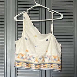 Free People : Embroidered One-Shoulder Top - Cream and Blue - Small